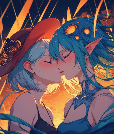 PDXL, <lora:BerryVerrineV1-PDXL:1>, b3rryv3rr1ne, 
2girls, closed eyes, blushing, kissing,
(surreal)