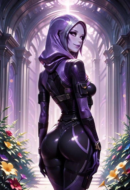 masterpiece, best quality, amazing quality, dynamic view, looking_at_viewer, 1girl, 
masterpiece, best quality, bokeh, luminescent background,
(  talizorah,, 
quarian, purple skin, purple eyes, purple hair, short hair, purple lips, medium breasts,,
 bodysuit,black bodysuit,  purple bodysuit, hood, hood up, helmet, mask, see-through mask, purple visor,  boots, glowes, belt, )
 solo, from behind, outdoors, garden, flower, red flower, blue flower, purple flower, yellow flower, looking back, smile