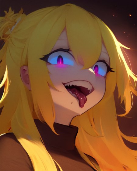 (masterpiece, best quality:1.2), extremely detailed, soft ambient lighting, sharp focus, 4K, BREAK 1girl, tall girl, (long blonde hair, blue colored inner hair:1.2), hikimayu, hair between eyes, purple eyes, small pupils, (crazy eyes, crazy smile), black turtleneck sweater, black gloves, small breasts, <lora:Constricted Pupils5:0.7>, <lora:colored inner hair:1.2>, <lora:(Concept) Eyebrows Maro:1>, BREAK <lora:long_tongue:1>, longue tongue, face focus,