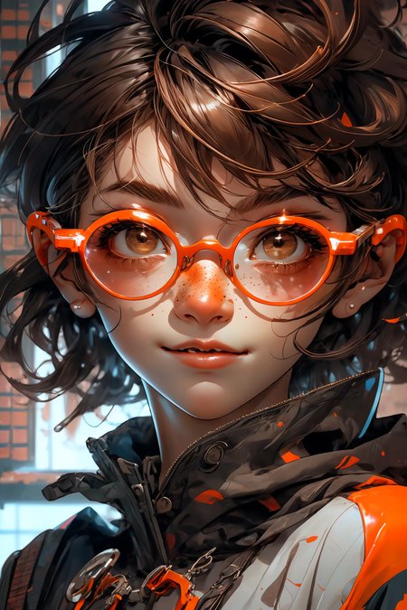 closeup, face, portrait, upper body, 
freckles, 
shy, blush, 
(short brown hair:1.1), 
(library:1.1), 
(round glasses:1.2), 
(brown eyes:1.4), 
<lora:more_details:0.4>
 <lora:Cosmic anime-oil fusion v2:0.45> 
<lora:AnimeVibesV3:0.3> animevibes, 
<lora:3DMM_V11:0.5> 3DMM 
<lora:midjourney_20230624181825:0.7> midjourney ,
 <lora:LAS:0.2> cloud,colorful,
<lora:msw_locon-t2:0.6>
 <lora:wuxia2:0.6> gu,
 <lora:CyberpunkStyleV1:0.2> PunkAI, shiny, shiny hair, shiny skin, shiny clothes