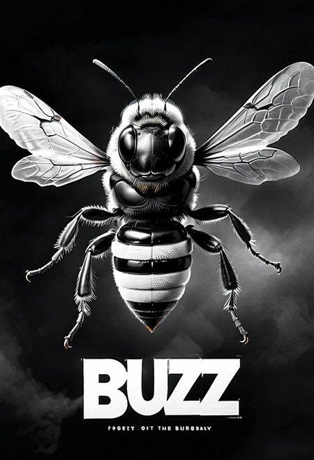 Black and white 1950s horror movie poster for the film "GET BUZZ", the poster features a giant black and white bee, perfect text title style, text:"your text here"