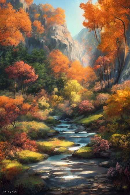 Bittersweet, meadow, Bright Aspen trees in fall, red, yellow, orange, mountainside, stream, acrylic painting, trending on pixiv fanbox, palette knife and brush strokes, style of Makoto Shinkai,  Jamie Wyeth, James Gilleard, Edward Hopper, Greg Rutkowski, Studio Ghibli, Genshin impact , high resolution detail, studio photo quality  <lora:Art-full_v1:0.3>