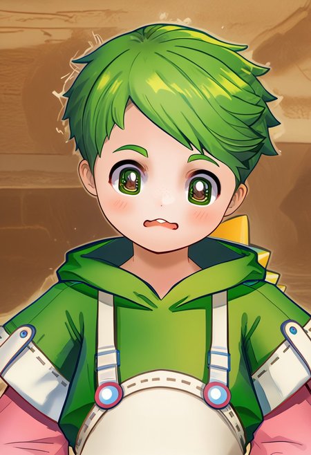 AwanoPB, 1boy, green hair, green iris, brown pupils, yellow blush, white suspenders, white round belly apron, short-sleeved green hoodie with white accents, long fingerless pink arm warmers, green pants, pink sneakers, white outsoles, <lora:AwanoPB:1>, Wangstyle,looking at viewer, <lora:DSC Style:1>DSCStyle, blush , confused ,  nervous, ??? ,solo ,, Score_9, Score_8_up, Score_7_up ,, Angry, mouth open in anger, side view, hands on hips, 
DSCStyle, round eyes, exaggerated proportions, cartoonish features, anime-inspired, cute aesthetics, cartoonish proportions, stylized anatomy, soft shading, warm color palette, semi-flat coloring, vibrant tones, warm and inviting tones, playful expressions, expressive poses, minimal texture, polished finish, whimsical atmosphere, smooth lines, glossy highlights, minimal detail, clean outlines, consistent line weight, gentle highlights,