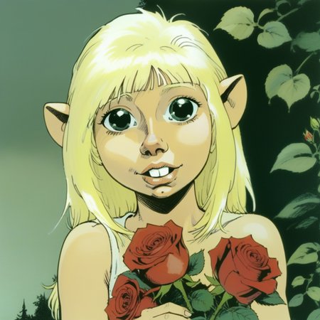 szninkiel portrait of  Gwel girl holding roses with flowers background, cartoon <lora:szninkiel:0.8>