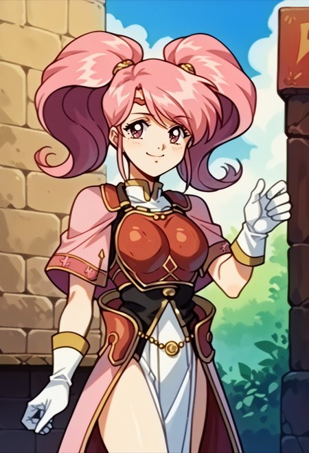 score_9, score_8_up, score_7_up, source_anime, BREAK, solo, 1girl, smile, looking at viewer, <lora:Mae-pdxl_Fp:1>, maefe, twintails, pink hair, pink eyes, circlet, long hair, armor, breastplate, capelet, pelvic curtain, white gloves,  <lora:FeOva-pdxl_Fp:1>, 1990s \(style\), retro artstyle,