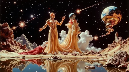 A retro-futuristic cosmic tableau depicting an androgynous celestial architect standing on a levitating blackstone dais, their chrome-veined hands manipulating golden energy streams connecting to a crackling dimensional rift. The figure's translucent body reveals internal constellations shaped like circuit patterns, while their flowing robes phase between metallic solidity and gaseous nebula states. Surrounding them: floating monoliths with glowing hieroglyphs orbit in precise geometric patterns, each carved stone emitting particle trails resembling mathematical equations. Below, a jagged mountain range reflects the scene in fractal repetitions glowing with trapped starlight. Color scheme combines 1970s sci-fi novel cover oranges with deep space blues, rendered in airbrush textures overlaid with crisp digital detailing. Include subtle time dilation effects showing quick-forming crystal growth on nearby rocks contrasted with decaying alien flora
<lora:retro-futurist-cosmic-surrealism-flux:1>