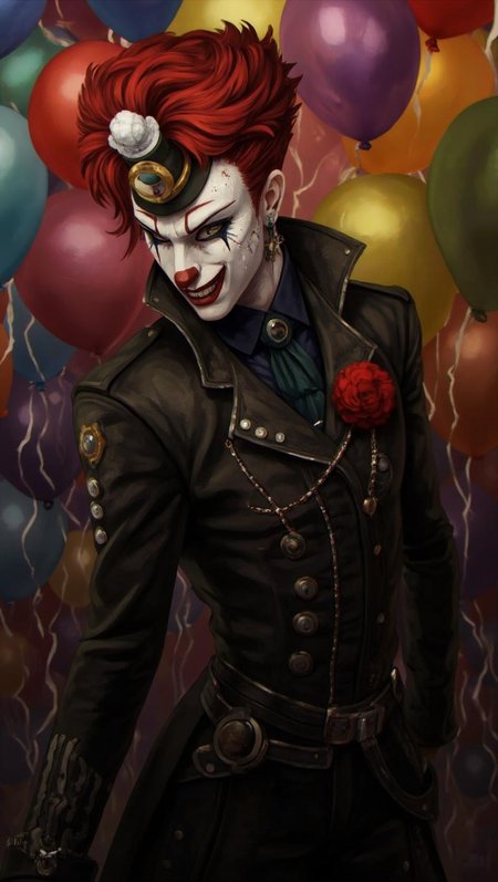 <lora:ck-LttleGhost-000011.safetensors:1> in the style of ck-lttlegh0stA steampunk-inspired clown stands out against a backdrop of colorful balloons in a hauntingly appealing atmosphere. His face paint and red hair exude an unsettling aura, while the intricate leather suit and buttons add to his striking appearance. The overall visual impact is one of surrealism, with the clown's dark beauty captivating the viewer.