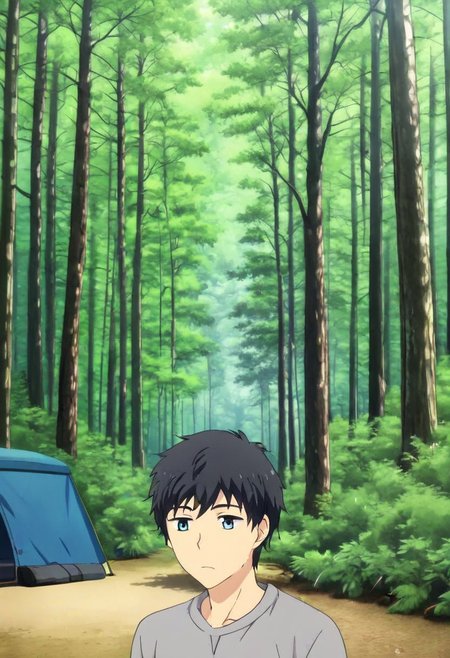 high resolution, solo, best quality, 1Boy, Arata Kaizaki, Black Hair, Blue Eyes, forest, camping, OverallDetail