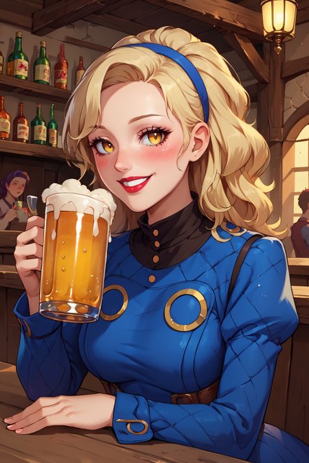 score_9, score_8_up, score_7_up, source_anime, drinking from a pint of beer, drink, cup, drinking, <lora:zs_MargaretXL:0.8>, margaretp4, blonde hair, long hair, yellow eyes, headband, dress, long sleeves, black pantyhose, high heels, lipstick, perfect hands, in a crowded tavern, medium breasts, smiling, blushing, cute, drunk,