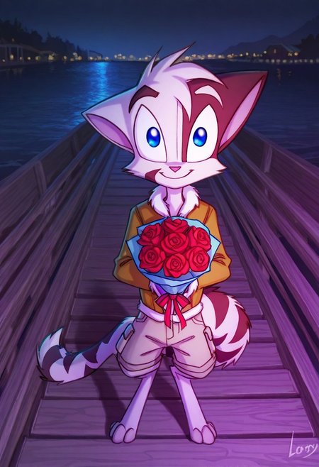Mace, Dreamkeepers, 1boy, solo, anthropomorphic, feline-like, spiky hair, tail, child,
solo, blue eyes, Digitigrade, jacket, beige cargo shorts, docks,
holding bouquet,bouquet, bouquet of roses, mouth open, happy, cute, ((holding roses)), (((giving flowers to viewer))), looking at viewer, holding roses, night, smiling, upper body, presenting roses, many roses, 
,<lora:Dreamkeepers_Mace_Illustrious:0.8>,