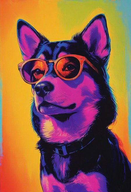 impactful color paint of, a husky puppy wearing dark sunglasses, highly detailed, vibrant colors , 8k, sharp, professional, clear, high contrast, high saturated, , vivid deep blacks, crystal clear