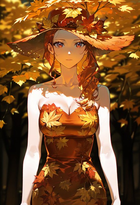 1girl,solo,looking at viewer, echo (circa),al dress, red dress, leaf, orange dress, autumn leaves,upper body, kiryu_coco