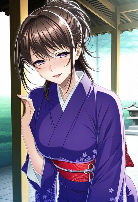 masterpiece, best quality, newest, highres, uncensored, 1girl, yokota mamoru style,1girl, slender face，motion lines,blush,torogao,looking at the viewer,seductive smile
Ichinose Ayako,Brown Hair, Ponytail, Shoulder-length Hair,Long Hair, Sidehair, Straight Hair,Violet Eyes,Slim
1girl,solo
kimono, shrine, tradition japanese wedding,extremely happy,torogao,seductive smile