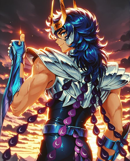 masterpiece, best quality, amazing quality, IKKIV2IL, 1boy, male focus, toned male, circlet, blue hair, wavy hair, blue eyes, scar on face, toned male, silver breastplate, silver pauldrons,  fingerless gloves, blue vambraces, sleeveless, belt, belt buckle, dark blue bodysuit, winged armguard, purple tail feathers, purple phoenix tail feathers, FMIXF, vibrant details, rdf01, (large iris:1.3), view from behind, looking over shoulder, looking at viewer, (hand up, thumbs up:1.2), smile, dark clouds