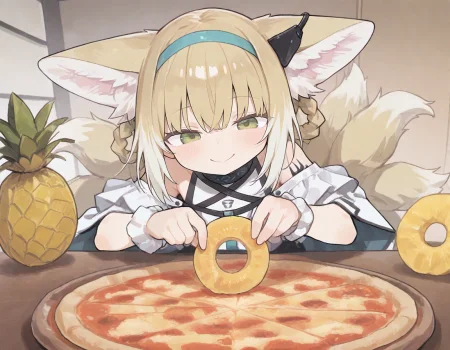 1girl, suzuran (arknights),smile, happy, 
how_to_torture_an_italian_(meme), pizza, pineapple slice, pineapple on pizza, 
(zankuro:0.2), wagashi \(dagashiya\), chen bin, very awa, very aesthetic, masterpiece, best quality, amazing quality, absurdres  <lora:ponyv6_noobV1_2_adamW:0.5> <lora:n_XLNBVP1lokrV6311P:0.2> <lora:748cmXLNBVP1lokrV6311PZ:0.2> <lora:ricotte2:0.2> <lora:how_to_torture_an_italian_meme:1>