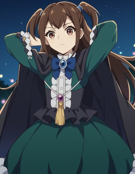 score_9, score_8_up, score_7_up, source_anime, <lora:kizuna-kazayama-s2-ponyxl-lora-nochekaiser:1>, kizuna kazayama, long hair, brown hair, brown eyes, two side up,, long sleeves, dress, bow, frills, wide sleeves, bowtie, cape, blue bow, brooch, green dress, black cape,, casino, games, lights, chips, luck, , hands behind head,, looking at viewer, solo,, dutch angle, cowboy shot