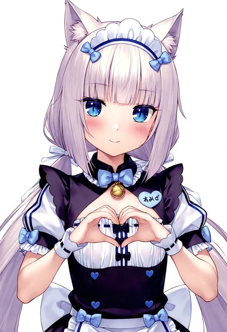 masterpiece, best quality, good quality, very awa, very aesthetic, absurdres, newest,vanilla \(nekopara\), 1girl, solo, heart hands, long hair, heart, blue eyes, name tag, cat ears, twintails, smile, bell, maid headdress, bow, looking at viewer, upper body, short sleeves, white hair, blush, slit pupils, puffy sleeves, jingle bell, white background, cleavage cutout, puffy short sleeves, ribbon-trimmed clothes, low twintails, bowtie, clothing cutout, maid, hair ribbon, ribbon, blunt bangs, wrist cuffs,  <lora:VanillaNekopara_NoobAI_V1_0-000003:0.8>