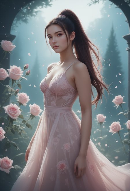 (((masterpiece))) , (((best quality))) , anime style, inked, 2d, 8k. 1 woman, the dress is surrounded by pink mist  <lora:heartmiststyle-000001:0.6> , 24yo woman, high ponytail, brown hair, long straight hair, brown eyes, she is in a magical garden with floating roses, close up. dancing in the mist, SeijSDXL <lora:SeijSDXL-000006:0.8>