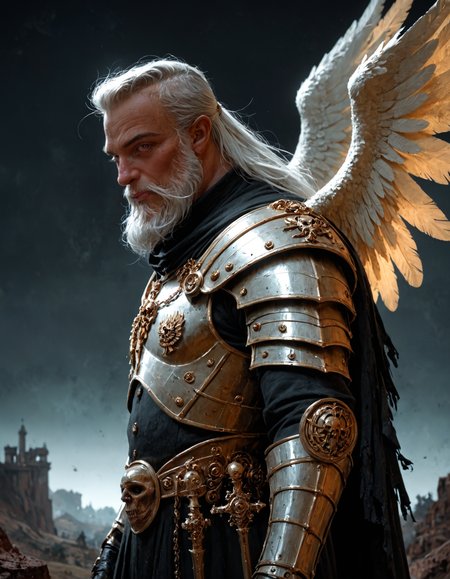 score_9, score_8_up, score_7_up, score_6_up, score_5_up, score_4_up, highly detailed, a winged artiangel by Roger Dean , by CFA Voysey , by Anthony Gerace , a strong fantasy dwarf warrior with a long beard and a thick armor standing on a hill top, in the style of  horrifying gothic art,  neo-baroque, ornate and elaborate, dynamic, limited dark faded palette, unusual colors, atmospheric haze, highly dynamic side view pose, highly dramatic volumetric lighting, best composition, highly artistic, harmonic colors,  ultimate aesthetic level, masterclass artistry
<lora:artiangel:0.5> artiangel, <lora:Fant5yP0ny:0.8>