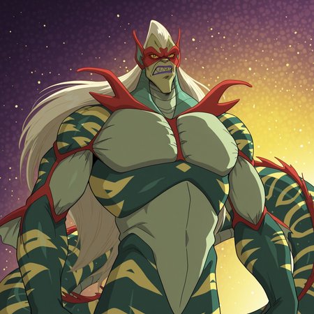 2d, 1boy, solo, Lordcedric, male, man, manly, naga, humanoid, long hair, light yellow hair, snake tail, long tail, legless, colored skin, multicolored body, purple lips, muscular, muscular male, skin markings, scalie, scales, sharp teeth, black eyes, green irises, yellow sclera

BREAK annoyed expression, looking at viewer, upper body focus, abstract background

BREAK best quality, amazing quality, very aesthetic, absurdres, newest, masterpiece, high quality, 