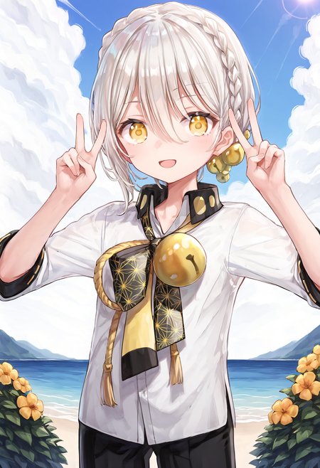 score_9, score_8_up, score_7_up, source_anime, 
BREAK,
1boy, solo, standing, looking at viewer, smile, outdoors, sky,  double v, open mouth, 
 <lora:iori_yuzuru_PonyXL_v1:1> iori yuzuru, yellow eyes, white hair, braid, hair ornament, bell, white shirt, black pants,