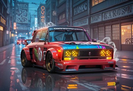 masterpiece, best quality, Graphic Design, color art, vibrant colors, colorful, intricate details, high contrast, detailed background, beautiful detailed, beautiful face, detailed eyes, detailed face, new, newest, no humans, vehicle focus, zh1g4, car, street, red car, stance (vehicle), spoiler (automobile), street, neon, sports car, drifting, 
tire smoke, anime,