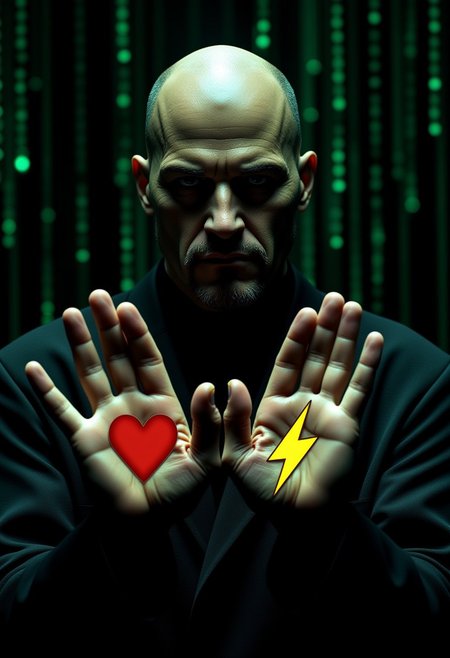 The image shows Morpheus from Matrix showing his palms facing upside down, each holding a symbol, the left hand holds a larger red heart symbol, while the right holds a larger yellow thunder symbol, the scene is set against a dark background, with dim lighting accentuating the contrast and texture of the hands and symbols, aidmamj6.1, the matrix style