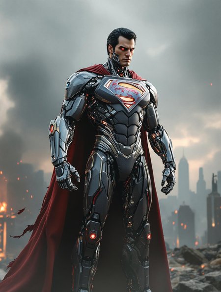 full body portrait of an ultra realistic cyborg Superman standing tall on top of a destroyed building, heroic and imposing pose, half of his face is robotic with exposed chrome plating, intricate circuits and a glowing red eye, one muscular arm fully mechanical with hydraulic pistons and detailed titanium components, the other arm holding a tattered and scorched red flag with the damaged Superman logo flapping in the wind, the 3D metallic emblem on his chest glows softly with internal LEDs, his cape flows dramatically, torn and burnt at the edges, enhanced alien-tech armor fused with cybernetic plating covering his body, wires and glowing veins run under his synthetic skin, cinematic lighting with backlight rays cutting through smoke, embers floating in the air, post-apocalyptic ruined city skyline behind him, sharp focus, ultra-detailed textures on both metal and skin, 8K resolution, cinematic concept art, epic tone, highly stylized photorealism