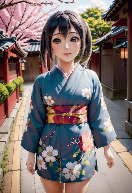 wide angle shot, 1 girl, nakano azusa, fully clothed, colourful kimono with flowers design, perfect face, black eyes, black hair, show top of head, pigtails hair, blushing, smiling, outside, in the street of old japanese city, small breasts, sakura tress in bloom everywhere, <lora:azusa_xl_rev3:0>, <lora:add-detail-xl:1>, OverallDetail, fFaceDetail, EyeDetail, Painstaking Attention To Details, art by mooncryptowow,
