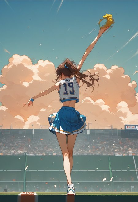 score_9, score_8_up, score_7_up, score_6_up, score_5_up, score_4_up, source_anime, 1girl, solo, 18yo, (slim face:1.5), (bangs:1.2), skinny, thin body, wide hips, thin thighs,
<lora:age_slider_v4:2> <lora:Expressive_H:1><lora:Kenva:0.8> <lora:naipf:0.6>.
portrait,
(from behind:1.5),
from below,
smile, teeth,  skirt, dancing, brown hair, ponytail, topknot, cheerleader, day,  baseball stadium, Green lawn, blue sky, cloud,