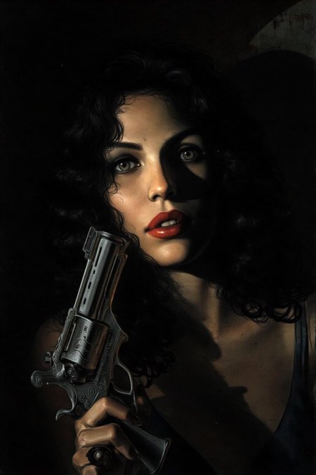 juangimenez1 illustration. 
a mysterious woman with dark, wavy hair and piercing eyes stands in the shadows of a dimly lit room. She is holding a small revolver with a delicate yet firm grip. Her red lipstick is the only color that stands out in the darkness, her intentions unclear but dangerous.  <lora:juangimenez1_cap_d8a4e12:1.0><lora:857661318453273843:0>