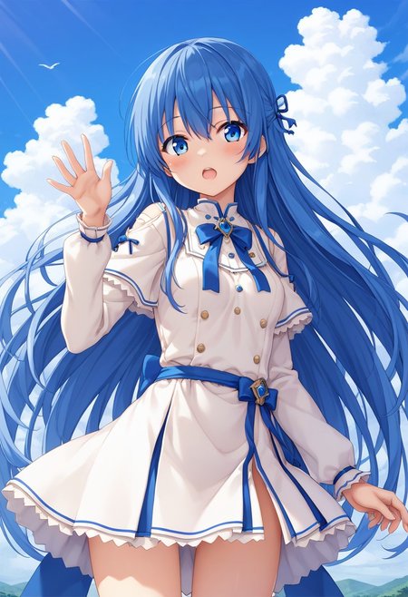 score 9, score 8 up, source anime, masterpiece, best quality, detailed eyes, detailed face, 1girl, cowboy shot, blush, open mouth, outdoors, sky, 
lilinafeh, blue eyes, blue hair, long hair,