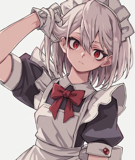 score_9, score_8_up. score_7_up,<lora:michael_jadeite:1>,michael_jadeite,
 score_9, michael_jadeite, white gloves, white apron, maid headdress, puffy short sleeves, 1girl, simple background, red bow, red eyes, white background, closed mouth, looking at viewer, black dress, puffy sleeves, hair between eyes, maid apron, hand in own hair, ribbon, red bowtie, upper body, medium hair, hand up