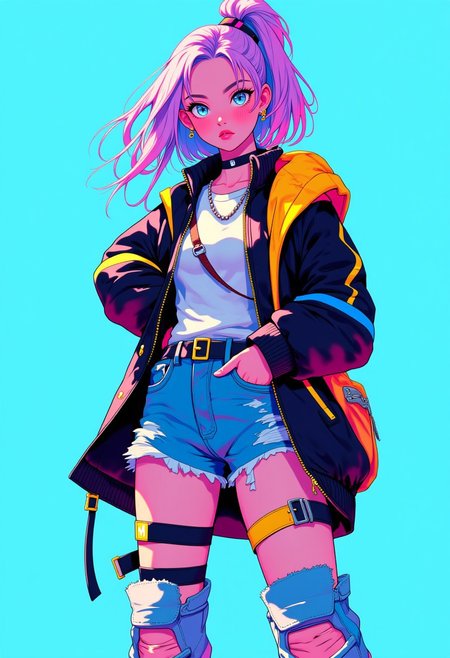 Inkpunk Anime, realistic, full body portrait, wearing street fashion, colorful, blue background