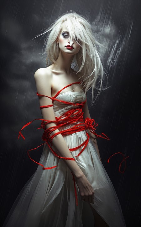 A woman, an albino with straight, silvery-white hair that cascades down her back like a waterfall, stands in the midst of a raging storm. Her pale, almost translucent skin glows faintly against the dark, swirling chaos around her. Her lips are painted with a subtle red lipstick, the only vivid color in her otherwise monochromatic appearance. She wears an elegant white dress that billows wildly in the howling wind, the fabric clinging to her slender frame as the storm tears at it. Her expression is one of fierce determination, her pale eyes burning with an otherworldly intensity as she strains forward, her body leaning into the gale.

But she is held back—bound by bright red ribbons that coil around her arms, torso, and legs like serpents. The ribbons are stark against the purity of her white dress, their crimson hue vivid and unsettling, like streaks of blood on snow. They pull taut, resisting her every movement, their ends disappearing into the storm’s darkness as if anchored by some unseen force. The contrast between her ethereal beauty and the violent, almost grotesque imagery of the ribbons is striking, a symbol of struggle and restraint.

The storm around her is a maelstrom of chaos—wind whips through the air, carrying debris and rain in a frenzied dance. The sky is a churning mass of gray and black, lit occasionally by flashes of lightning that illuminate her figure in stark relief. The sound of the storm is deafening, a cacophony of howling wind, crashing thunder, and the relentless pounding of rain. Yet, amidst the chaos, she remains a focal point, her presence both fragile and powerful.

Her struggle is palpable, every muscle in her body taut as she fights against the ribbons that bind her. The ribbons seem alive, their ends flailing wildly in the wind, their color a vivid reminder of the forces that seek to hold her back. The scene is a metaphor—a battle between purity and corruption, freedom and restraint, light and darkness. She is a figure of otherworldly grace, caught in a moment of defiance, her determination shining through even as the storm threatens to consume her. The red ribbons, the white dress, and the chaotic storm create a visual and emotional tension that is both haunting and unforgettable.