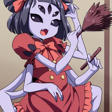 <lora:Muffet:1>, 1girl, solo, arthropod girl, simple background, hair bow, looking at viewer, monster girl, open mouth, red dress, puffy short sleeves, purple skin, red bowtie, short hair, she is cleaning a room with a duster