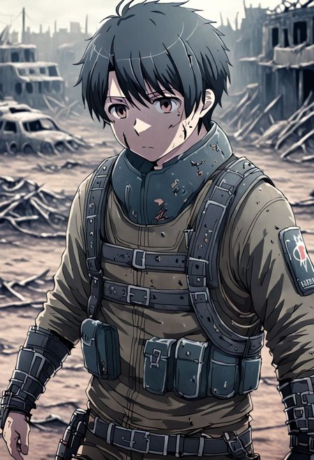 high resolution, solo, best quality, 1Boy, Inaho Kaizuka, Black Hair, shallow depth of field, Post-Apocalyptic, survival, OverallDetail