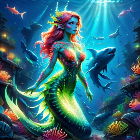 Draw a feminine  bioluminescent siren With copper hair, Brightly coloured long finger nails, fangs, bohemian horror, whale shark spots, translucent dress, muscular arms, benthic merfolk, coral reef, colorful fish,