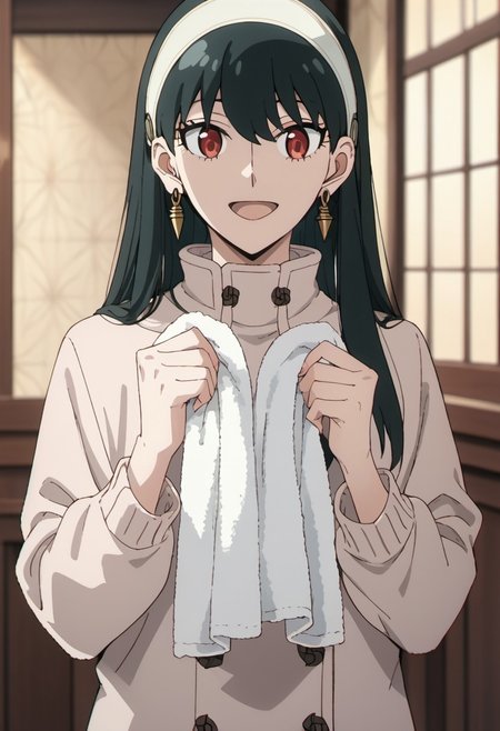 score_9, score_8_up, score_7_up, source_anime,  yor briar, black hair, long hair, red eyes, 1girl, solo, hairband, earrings, jewelry, towel, open mouth, smile, sidelocks, sweater, holding, white hairband