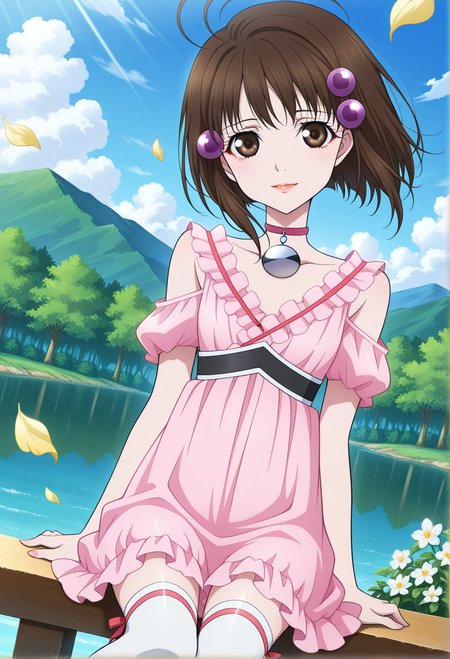 light smile, sitting, lake,
cowboy shot, dynamic angle,
BREAK,
<lora:reala_illustriousXL_v01:0.95>
realadef, brown hair, hair ornament, brown eyes, ahoge, short hair, 
pendant choker, pink dress, frills, ribbon, collarbone, 
white thigh highs, pink footwear,, source_anime, very aesthetic, anime coloring, masterpiece, 
best quality, amazing quality, ultra detailed, very aesthetic, 
detailed background, 
BREAK,, forest, flowers, clouds, day, floating leaves,