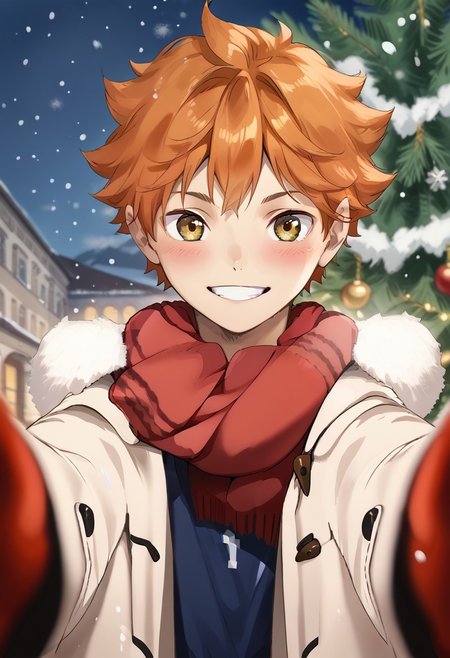 Score_9,score_8_up,score_7_up, Highly detailed, masterpiece, high quality, beautiful, high resolution, good details, 1boy, 1boy, sexy (cute petite boy), source_anime, 
 skinny, aged down, petite, young,
Hinata Shoyo, orange hair, volleyball uniform
,, <lora:pov-cheek-warming-ponyxl-lora-nochekaiser:1>, pov cheek warming, pov cheek warming (meme), winter gloves, duffel coat, fur-trimmed scarf, winter clothes, red mittens, meme, winter coat, scarf, fur-trimmed coat, reaching towards viewer, reaching, mittens, fur-trimmed hood, coat, open coat, scarf, coat, gloves, snowing, pov, fur trim, depth of field, smile, blush,, christmas, christmas tree, christmas lights,,