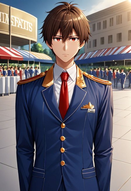 high resolution, solo, best quality, 1Boy, Seiya Kanie, Brownish Hair, Manager, Wihite Shirt, Blue Jacket, theme park, gold aiguillettes, red tie, OverallDetail