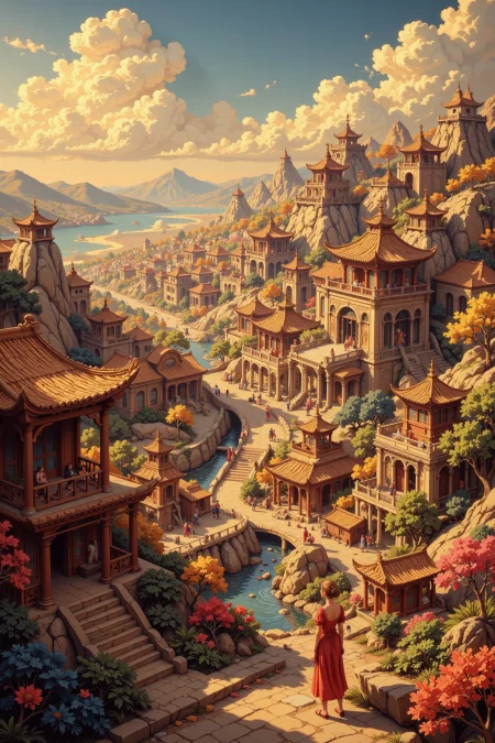 An oriental fantasy city beautiful  landscape, golden hour, woman, very intricate, very detailed, sharp, bright, colorful, <lora:Hand v2:0.5> <lora:Anti-Blur:1><lora:Insane Detail Slider:0.25>  <lora:flux.1_lora_flyway_Epic-detail_v2:0.3> <lora:fluxenhancer:0.25> <lora:ANIcoMEij:0.7> realistic