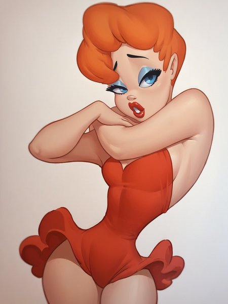 score_9, score_8_up, score_7_up, score_6_up, score_5_up,  <lora:texaveryXLP:1> tex avery, 1girl, orange hair, solo, lipstick, blue eyes, short hair, red dress,