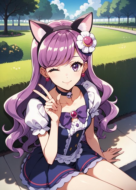 score_9,score_8_up,score_7_up,masterpiece, best quality, source_anime, 1 girl,<lora:Smooth Anime:0.8> sitting, wink, smile, park, outdoor, close up,
<lora:Cure Macaron:0.6> Cure Macaron, Kotozume Yukari, fake cat ears, purple bow choker, macaron hair ornament, red earrings, purple hair, purple eyes, wavy hair, long hair,    <lora:add-detail-xl:0.8>