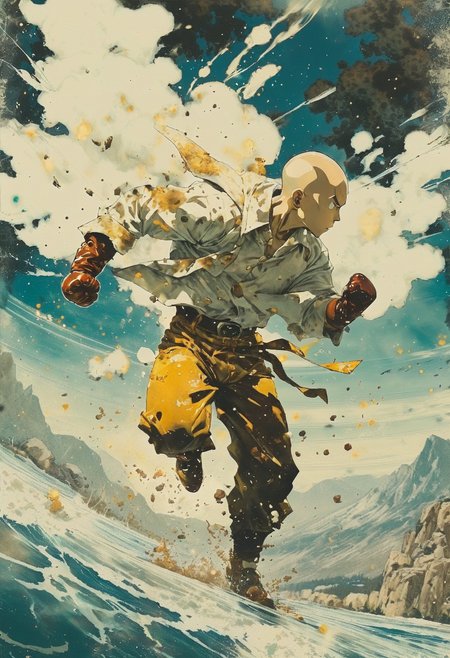 (chemigram:1.4), One Punch Man, strong wind, inspired by Chrono Trigger, (art by Norman Rockwell:1.05), (art by Frank Frazetta:1.1), (art by Mobeius:0.85), (art by Ismail Inceoglu:1.2), super nintendo style
<lora:chemigram-style-v1:0.8>