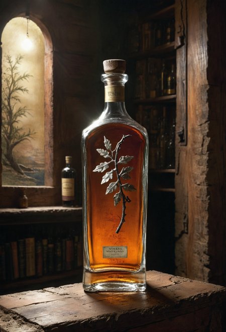 realistic photo of a (ancient bottle:1.1), oak wood shelves, redwood, vivacious,  bold lines, hyper detailed, award winning, high contrast, depth of field, (intricate details, masterpiece, best quality), dramatic cinematic lighting, whiskey bottle, cosmic energy label, imperial hue, laurel leaves, roman style  <lora:add-detail-xl:0.7> <lora:xl_more_art-full_v1:0.7>   <lora:Desolation:0.5>