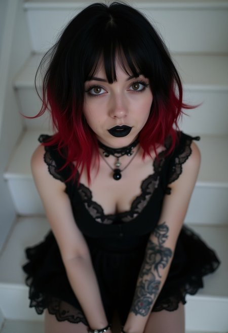 Goth girl with two-tone black and red hair. Short wavy hair. Black lace dress and black choker on her neck. Blackwork tattoo on her arm and black pendant on her neck. Sitting on white stairs. Emo makeup with black lipstick. Looking at the camera. Pale skin and brown eyes. From above. Photograph, realistic, higly detailed, atmospheric perspective, dim colors, Depth of field 100mm. midjourneyv6.1, detailmaximizer, Goth GIrl
