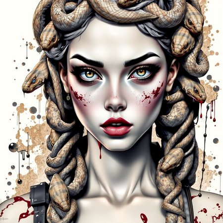 babel-pencil, A woman with Medusa-like snakes in her hair, close-up portrait.  Hyperrealistic style, with painterly, impressionistic brushstrokes and texture.  The woman's face has a serious, intense expression, and her eyes are striking.  Her skin is a pale, muted tone with subtle freckles and streaks of dark, bloody texture.  The snakes are a mixture of muted grays, browns, and tans, with detailed scales, and are draped over her head and neck in a flowing pattern.  Dripping, dark red blood or crimson stains appear in places, adding drama and enhancing the mythological theme.  Paint is loosely applied, yet precise in details about the texture on the face, snakes, and skin tone.  The background is a soft, muted color scheme, with splashed, watercolor-like effects in browns, beiges, and grays.  The overall composition is dramatic and evocative of a mythical creature.   Heavy use of texture and shading.