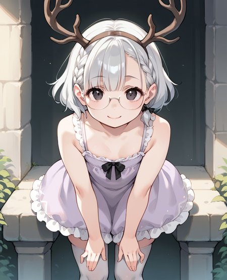 score_9, score_8_up, score_7_up, score_6_up, 1girl, solo, perfect hand, flat chest, (pale skin:1.2), (plump:1.1), straight_hair, silver hair, short hair, front braid, black eyes, hair_bow, glasses, pastel lavender dress, silver thighhighs, looking_at_viewer, bent_over, playful smile, antlers